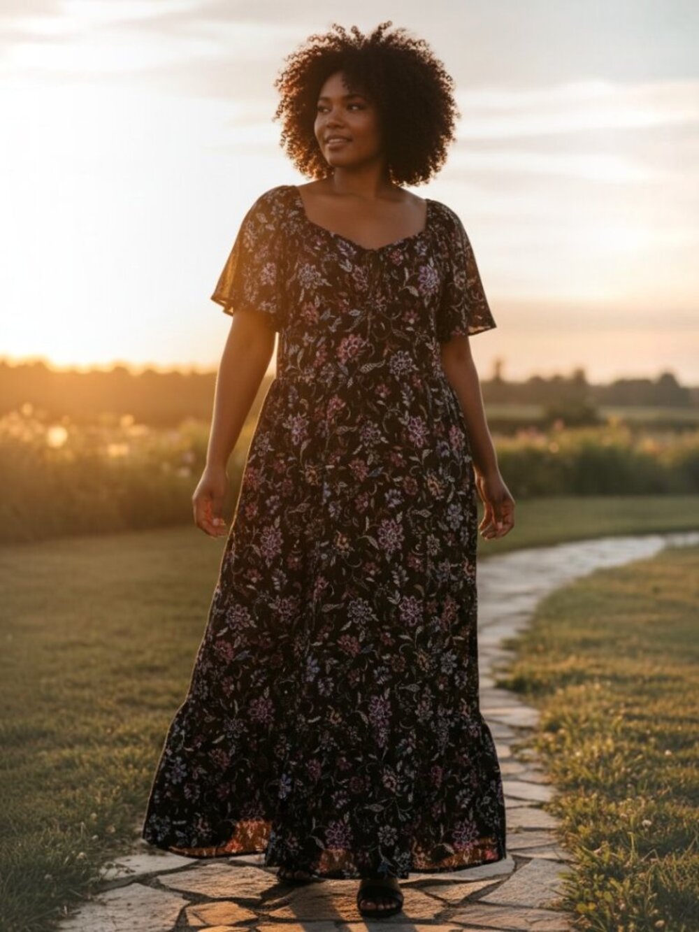 Lane Bryant Black Maxi Dress with Purple, Blue & Cream Floral Print Size 20 - Picture 1 of 9